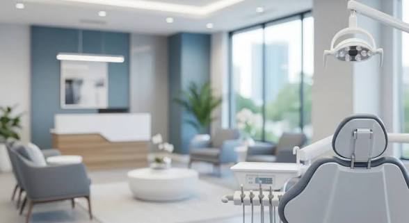 Entorno clínico moderno con sillón odontológico y zona de recepción