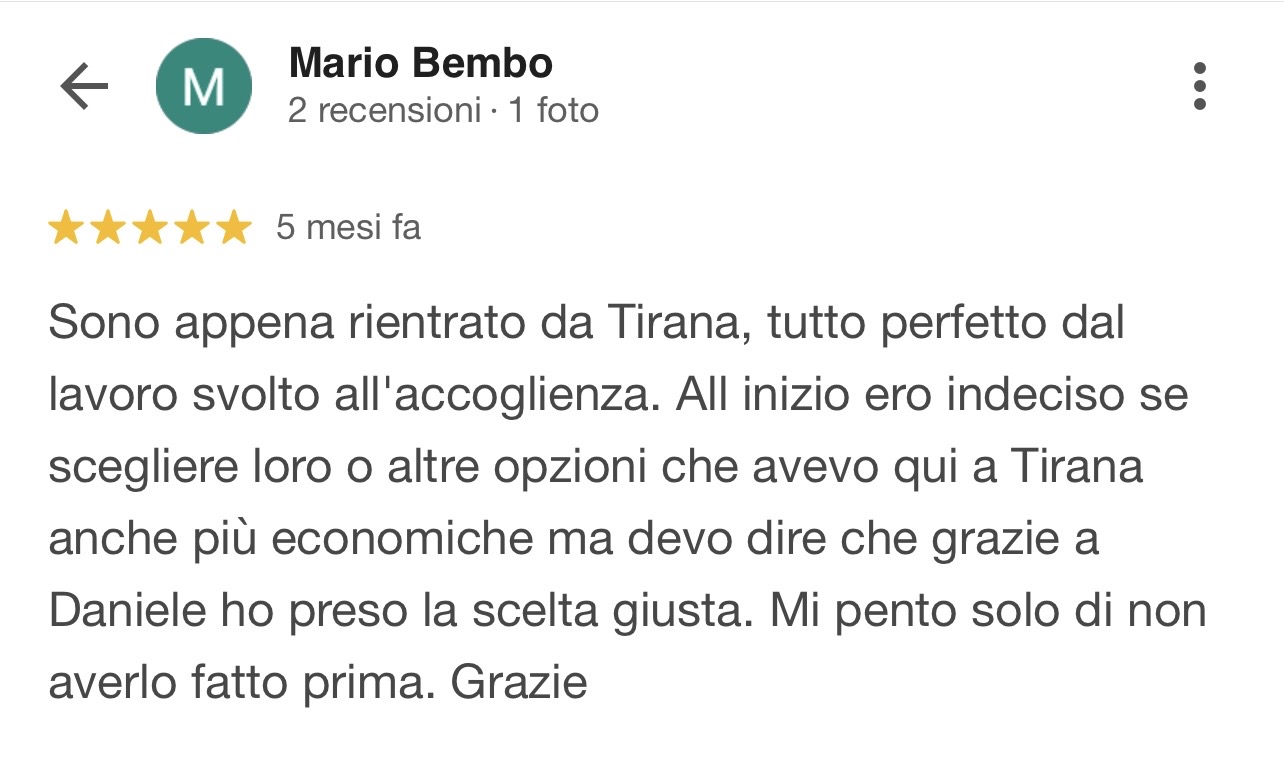 Recensione Google a 5 stelle di Mario Bembo
